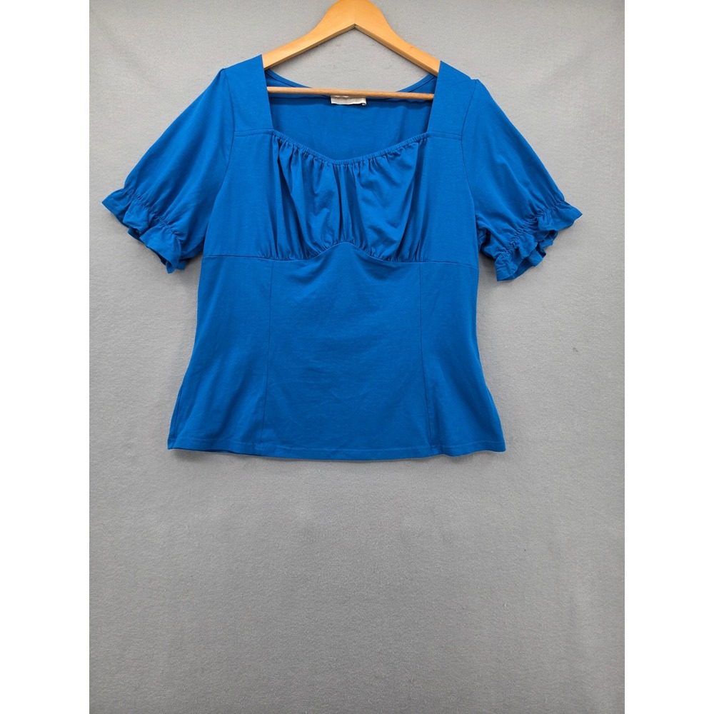 Belle Poque Royal Blue Ruched Sweetheart Neck Puff Sleeve Knit Top Plus Size 2XL